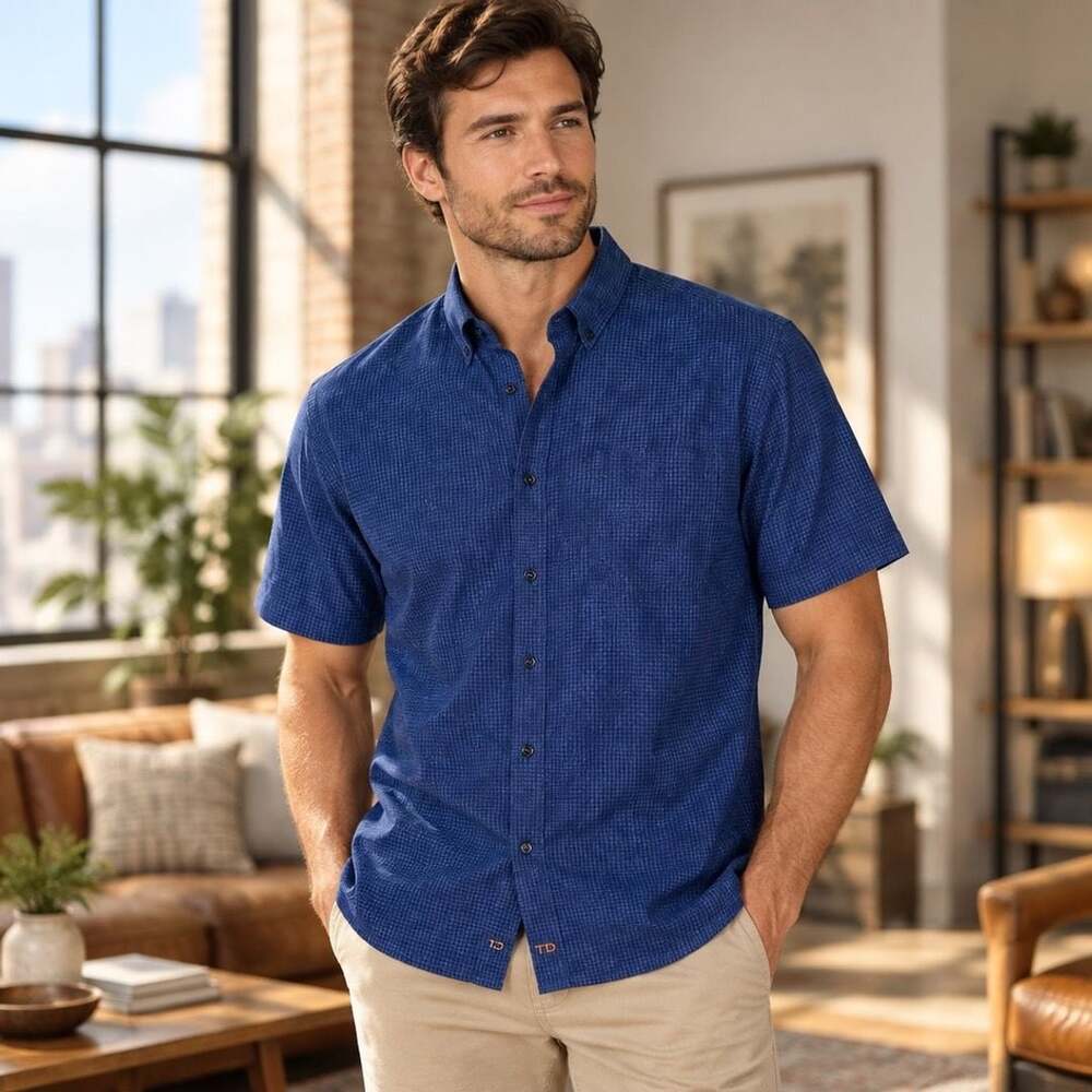 Thomas Dean Short Sleeve Button Up Shirt Size M Blue Patterned Cotton